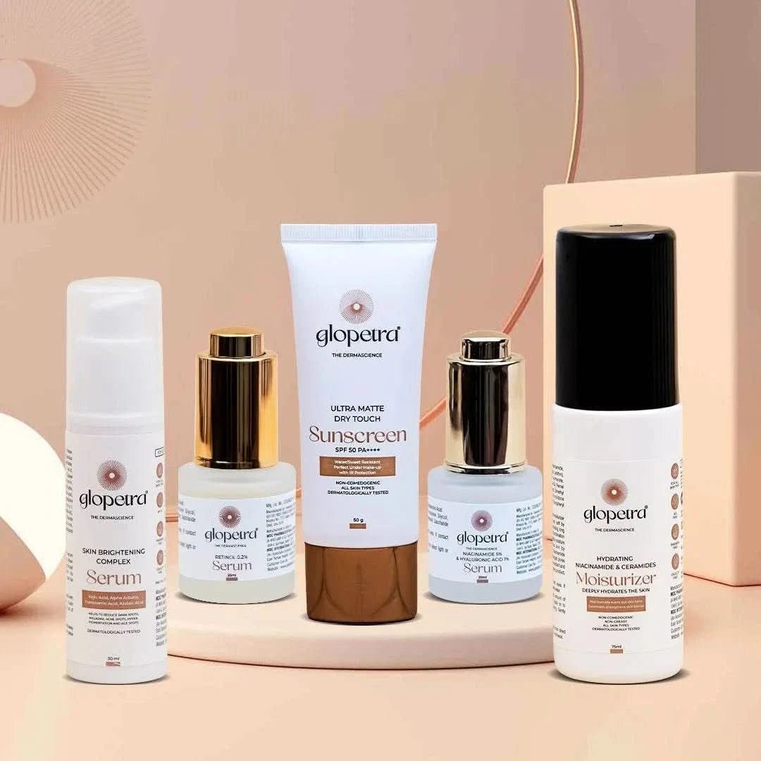Glopetra Anti - Aging Combo with Retinol Serum, Niacinamide Serum, Skin Brightening Serum, Niacinamide & Ceramide Moisturizer and Ultra Matte, Dry Touch Sunscreen, SPF 50 - Glopetra