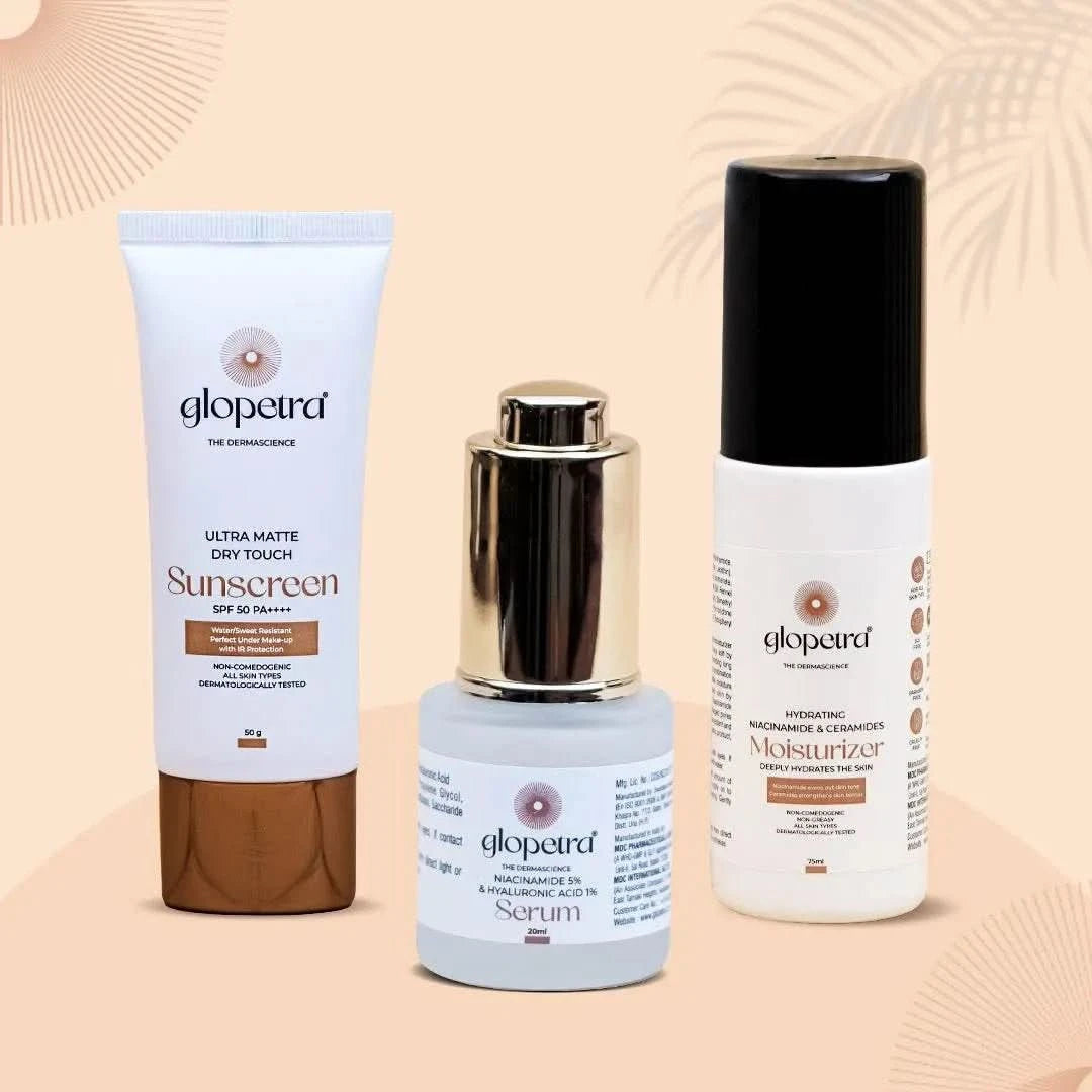 Glopetra Niacinamide 5% & Hyaluronic Acid 1% Serum 20ml, Niacinamide & Ceramides Moisturiser 75ml, Ultra Matte Dry Touch Sunscreen SPF 50, PA+++ 50g - Glopetra