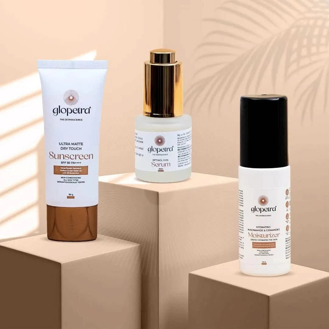 Glopetra Retinol 0.2% Serum, 20 ml, Niacinamide & Ceramides Moisturiser, 75 ml, Sunscreen, Ultra Matte, Dry Touch, SPF 50, PA+++, 50 g - Glopetra