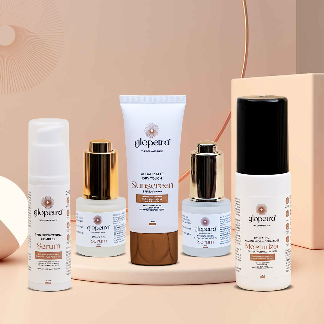 Glopetra Anti-Aging Combo with Retinol Serum, Niacinamide Serum, Skin Brightening Serum, Niacinamide & Ceramide Moisturizer and Ultra Matte, Dry Touch Sunscreen, SPF 50