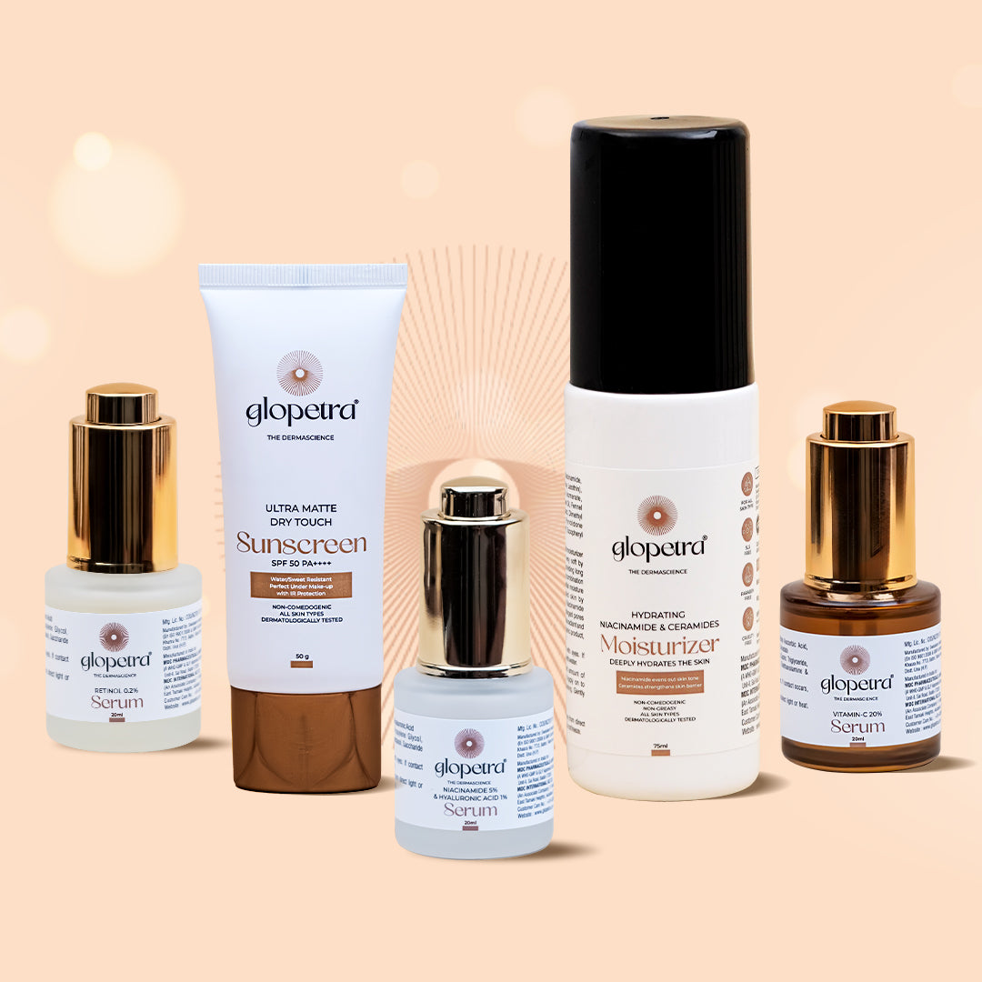 Glopetra Skincare Set with Vitamin C 20% Serum, Niacinamide Moisturiser, Retinol 0.2% Serum, Niacinamide & Hyaluronic Acid Serum, Matte Sunscreen SPF 50