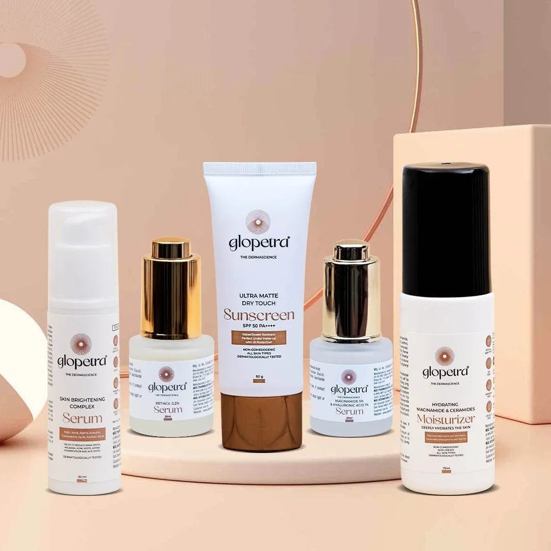 Glopetra Anti - Aging Combo with Retinol Serum, Niacinamide Serum, Skin Brightening Serum, Niacinamide & Ceramide Moisturizer and Ultra Matte, Dry Touch Sunscreen, SPF 50 - Glopetra