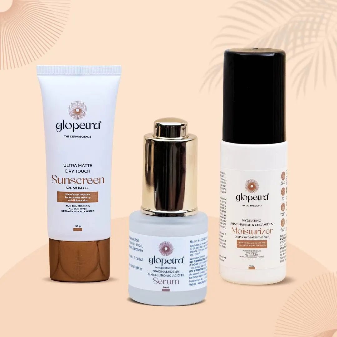 Glopetra Niacinamide 5% & Hyaluronic Acid 1% Serum 20ml, Niacinamide & Ceramides Moisturiser 75ml, Ultra Matte Dry Touch Sunscreen SPF 50, PA+++ 50g - Glopetra