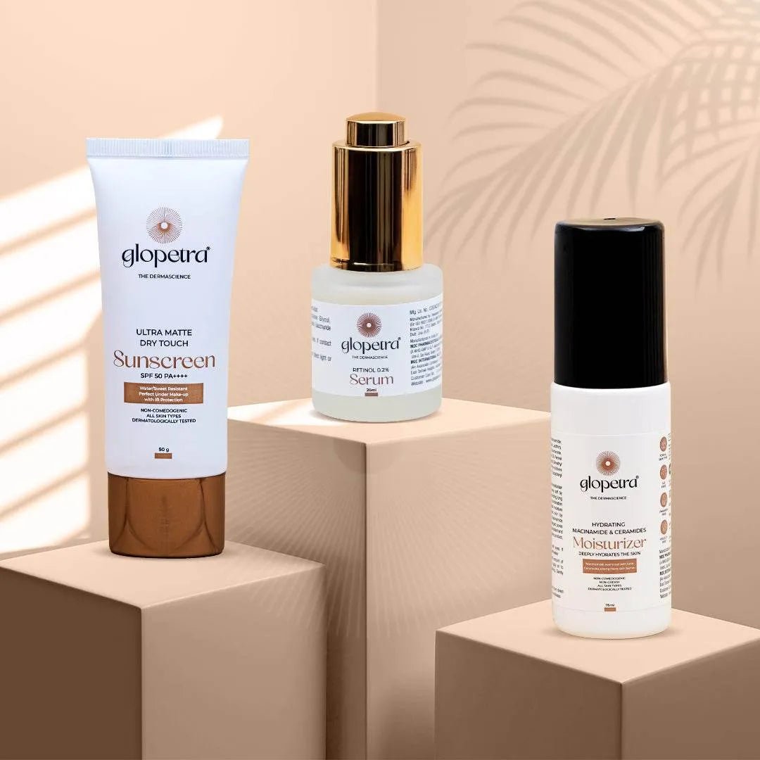 Glopetra Retinol 0.2% Serum, 20 ml, Niacinamide & Ceramides Moisturiser, 75 ml, Sunscreen, Ultra Matte, Dry Touch, SPF 50, PA+++, 50 g - Glopetra