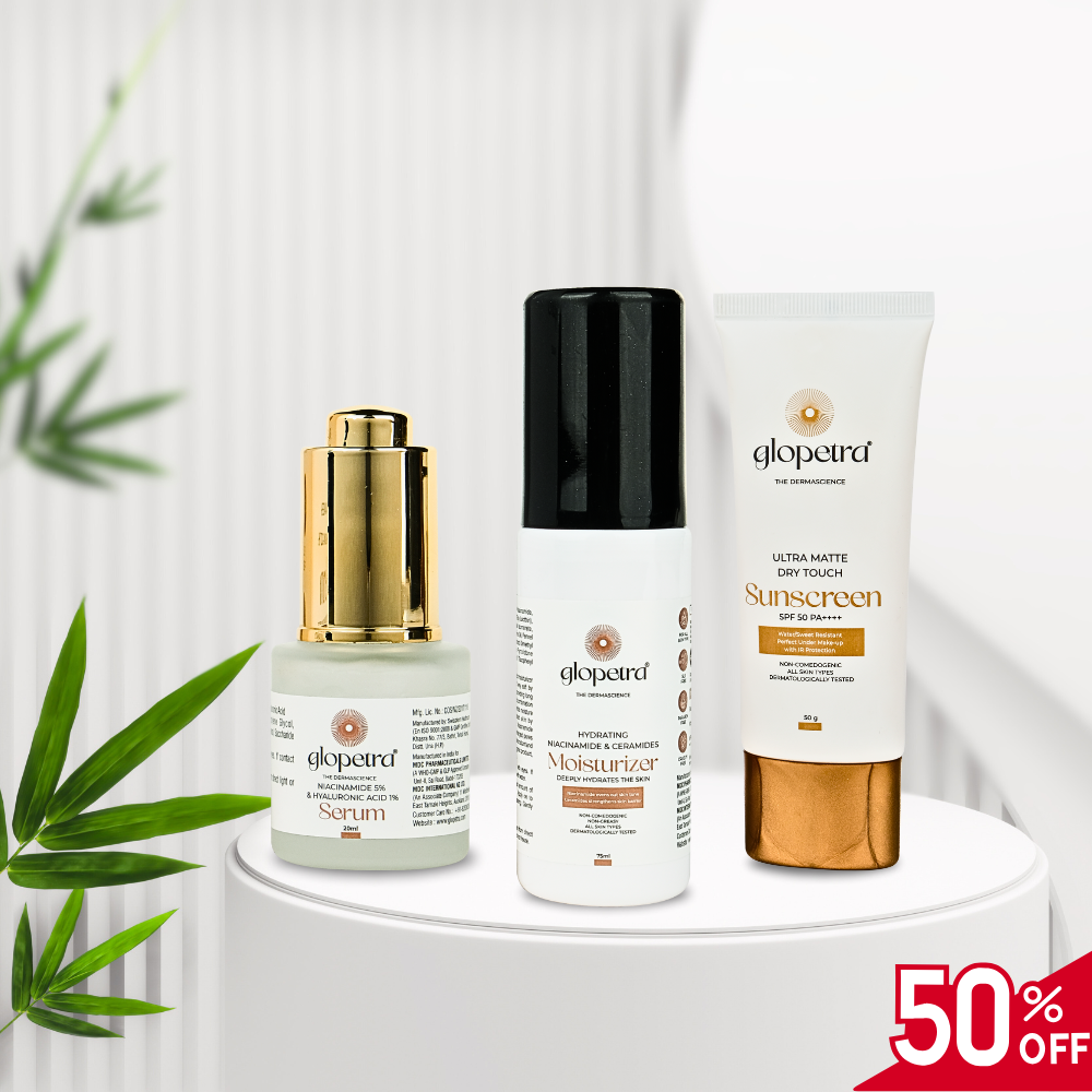 Glopetra Niacinamide 5% & Hyaluronic Acid 1% Serum 20ml, Niacinamide & Ceramides Moisturiser 75ml, Ultra Matte Dry Touch Sunscreen SPF 50, PA+++ 50g - Glopetra