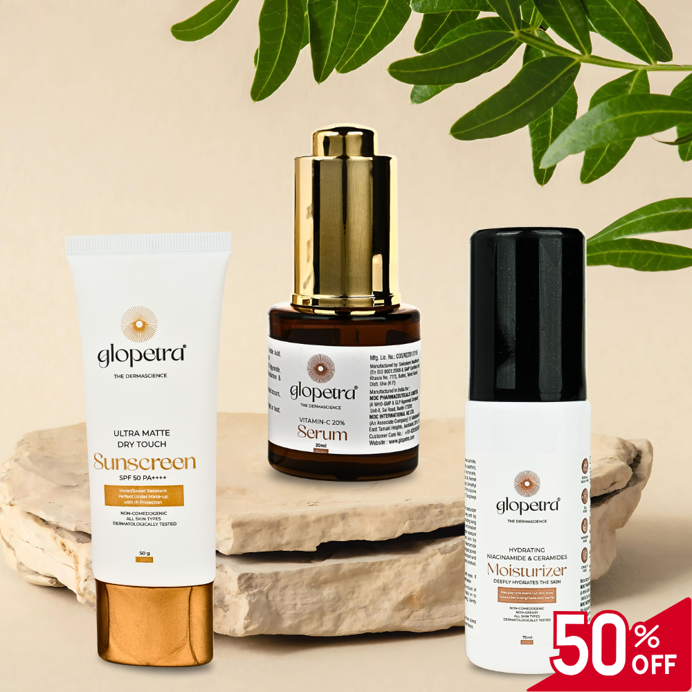 Glopetra Niacinamide & Ceramides Moisturiser 75ml, 20% Vitamin C Serum 20ml, Ultra Matte Dry Touch Sunscreen SPF 50, PA+++, 50g - Glopetra